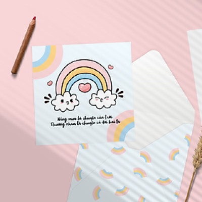 Thiệp tình yêu, Valentine, tỏ tình, SDstationery Nắng Mưa, hình mây cầu vòng dễ thương, vuông 12x12 cm