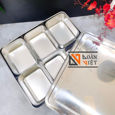 KHAY INOX ĐỰNG TOPPING, THẠCH, TRÁI CÂY, RAU DƯA CHẢ, 6 ngăn có nắp tiện dụng. Inox dày C.Lượng không gỉ. Dụng cụ pha ch