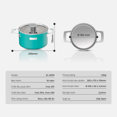 Nồi inox liền khối Elmich Hera EL-8100 size 16cm dùng bếp từ - Hàng chính hãng
