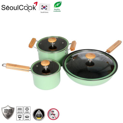 Seoulcook Luxury – Bộ 3 món nồi chảo đáy từ cao cấp Hàn Quốc, chống dính vân đá an toàn cho sức khỏe.