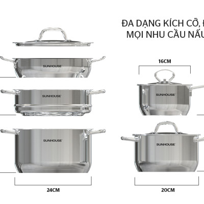 Bộ nồi chảo inox 5 đáy Sunhouse SHG995 dùng cho mọi loại bếp - Hàng chính hãng