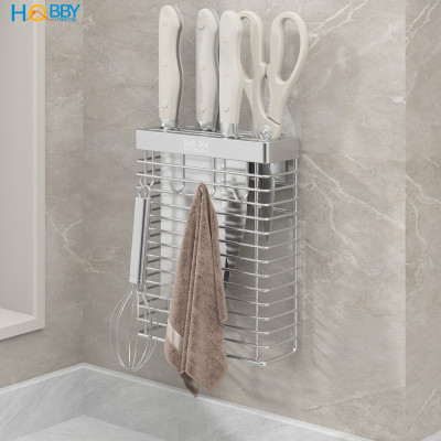 Kệ để dao kéo có móc treo khăn inox 304 dán tường Hobby home decor TD1