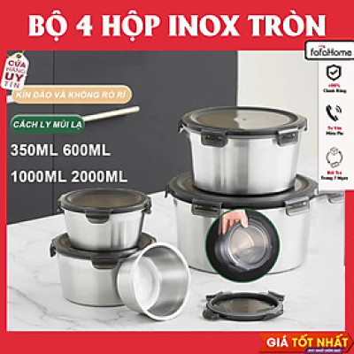 Bộ 4 Hộp Đựng Thực Phẩm Inox Kèm Nắp Nhựa Kích Thước 350ml/600ml/1000ml/2000ml