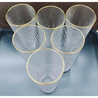 Bộ 6 cốc loe cao thấp thủy tinh viền vàng vân sần 350ml