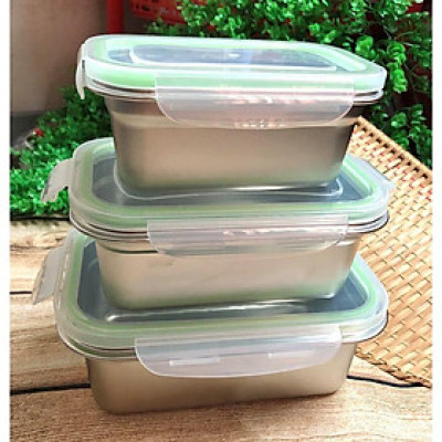 COMBO Bộ 3 Hộp BẢO QUẢN thực phẩm INOX 304 có NẮP. DỤng cụ đựng chứa trữ ĐA NĂNG trong tủ lạnh AN TOÀN SỨC KHOẺ. Chuyên