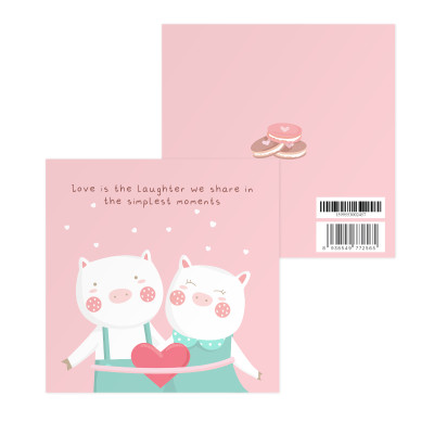 Thiệp tình yêu, Valentine, tỏ tình, SDstationery Simplest Moments, hình đôi heo dễ thương, màu hồng, vuông 12x12 cm