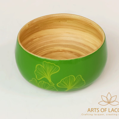 Bát Sơn Mài Xanh Lá Cây Họa Tiết Lá Bạch Quả