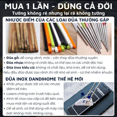 Bộ 10 đôi đũa inox 304 - 316 DandiHome 2020 chống trơn trượt, sang trọng, tinh tế