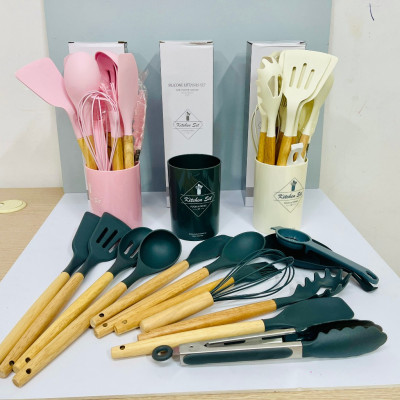 Bộ dụng cụ nhà bếp nấu ăn 14 món, bộ dụng cụ nấu ăn cán gỗ và silicon cao cấp chịu nhiệt chống dính