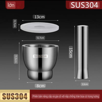 Bộ Cối chày Inox 304 - có nắp chống văng chống trượt không gây tiếng ồn - hàng cao cấp