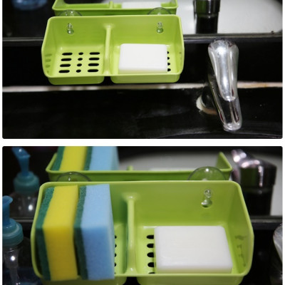 Set 03 miếng mút rửa chén kiêm cọ xoong nồi có độ thấm hút cao & Giá đựng 2 ngăn Sanada có núm thít chân không - Hàng nội địa Nhật Bản.