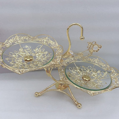 KHAY ĐỰNG BÁNH KẸO HOA QUẢ THỦY TINH 2 TẦNG KHUNG KIM LOẠI DÁNG NGANG - VD29