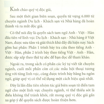 6000 Từ Vựng Chuyên Ngành Du Lịch - Khách Sạn - Nhà Hàng (Anh - Việt - Hàn)