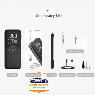 Bơm Lốp Ô Tô - Xe Máy Mini Không Dây CARSUN C3106, Pin 4000mAh, Áp Suất 150PSI, Có Đèn LED, Đèn Cảnh Báo, Kiêm Sạc Dự Phòng