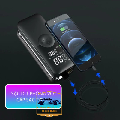 Bơm Lốp Ô Tô - Xe Máy Mini Không Dây CARSUN C3106, Pin 4000mAh, Áp Suất 150PSI, Có Đèn LED, Đèn Cảnh Báo, Kiêm Sạc Dự Phòng