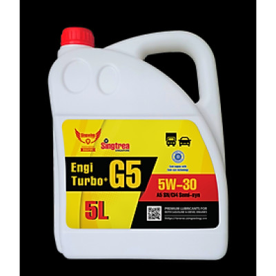 Dầu nhớt nhập khẩu Singtrea Engi Turbo+ G5 5w-30 SN/CI4 Semi-Synthetic 5L dành cho xe ô tô