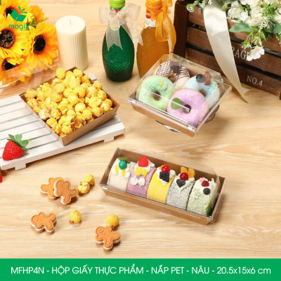 MFHP4N - 20.5x15x6 cm -100 hộp giấy kraft thực phẩm màu nâu nắp Pet, hộp giấy chữ nhật đựng thức ăn, hộp bánh nắp trong
