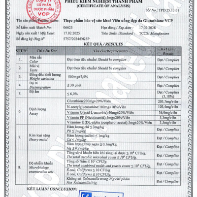 TPBVSK Viên uống đẹp da Glutathione VCP - Hỗ trợ làm sáng da, giảm các triệu chứng nhăn da, khô da, nám da - Hộp 20 viên