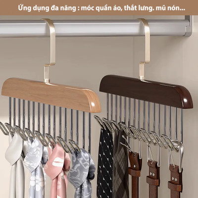 Móc gỗ KGMT08 treo cà vạt thắt lưng cán gỗ 8 nhánh treo đồ đa năng, móc treo áo lót, túi dễ tiện dụng- Hàng chính hãng