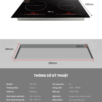 Bếp Điện Từ Đôi Nhập Khẩu SOWUN SW1222 ,Mặt Kính CERAMIC Cao Cấp Chịu Được Nhiệt Độ Cao