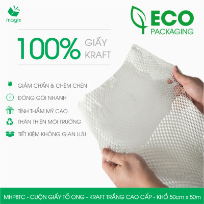 MHP8TC - 50cm x 50m - Cuộn giấy tổ ong chống sốc - Kraft trắng Cao Cấp - Giấy gói hàng, gói quà