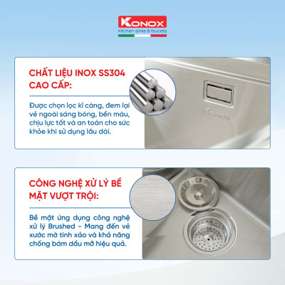 Chậu rửa bát inox Konox, Topmount Series, Model KN11650TD, Inox 304AISI tiêu chuẩn châu Âu, Hạ bậc tích hợp, 1160x500x220(mm),  Bảo hành chính hãng 10 năm, Hàng chính hãng