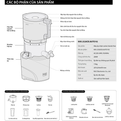 Máy ép chậm Kuvings Series Hands-Free KHS-2520CB [3.0L] - Màu Đen - Hàng chính hãng 