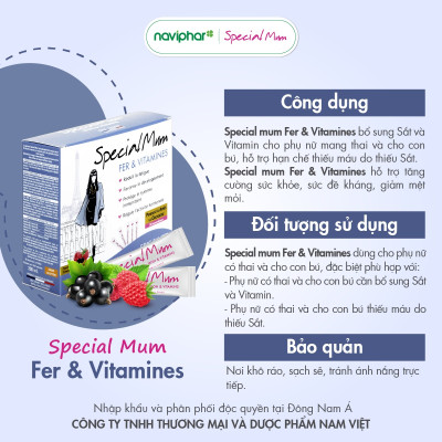 Sắt nước Special Mum Fer et Vitamines Bổ sung sắt hữu cơ và vitamin, phòng ngừa thiếu máu thiếu sắt, giảm mệt mỏi cho phụ nữ mang thai và sau sinh. - 10ml x 20 gói