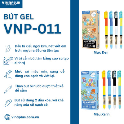Cây Bút Gel VNP-530 Ngòi 0,5mm Có Đầu Xoá Được Nhiều Mẫu Cute Mực Xanh, Mực Đen Thiết Kế Đơn Giản