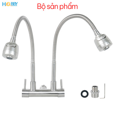 Vòi rửa chén gắn tường 2 đầu xả tăng áp inox 304 Hobby home decor G2T