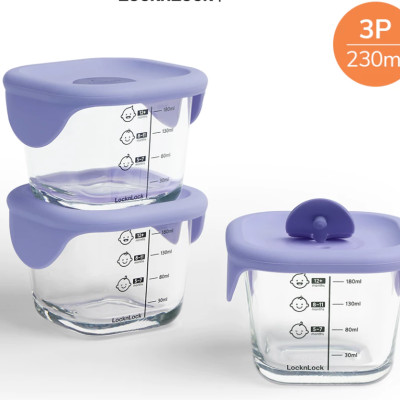 Hộp thủy tinh đựng thức ăn dặm cho bé LocknLock có vạch chia dung tích 230ml x 3 hộp LLG508S3ORG / LLG509S3PUP