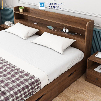 Giường Ngủ Gỗ Công Nghiệp Kèm 3 Ngăn Kéo Màu Walnut SIB Decor GN12