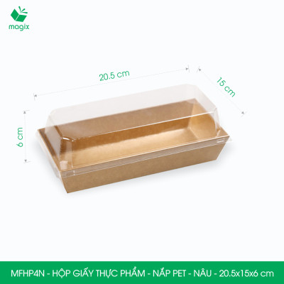 MFHP4N - 20.5x15x6 cm - 25 hộp giấy kraft thực phẩm màu nâu nắp Pet, hộp giấy chữ nhật đựng thức ăn, hộp bánh nắp trong