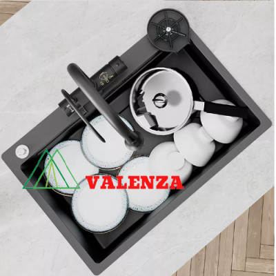 Chậu rửa bát 1 hố lớn inox 304 nano đen Valenza kháng khuẩn cao cấp kèm vòi rửa bát inox 304 nóng lạnh nano đen dáng Vuông, bộ xả to ngăn mùi, khay inox kín-TẶNG BÌNH ĐỰNG NƯỚC RỬA BÁT