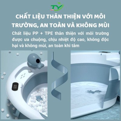 Bồn tắm FTAKY cỡ lớn gấp gọn, có nhiệt kế, cho trẻ kèm phao tắm lớn chất liệu cao cấp, có nút thoát nước (màu ngẫu nhiên)