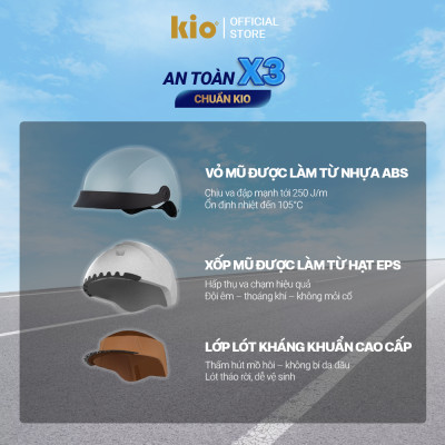 Mũ Bảo Hiểm Nửa Đầu Kio SafeStyle Go KN01LT, Lưỡi Trai Che Nắng, Lót Kháng Khuẩn, Thoáng Khí