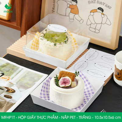MFHP1T - 10.5x10.5x6 cm - 50 hộp giấy thực phẩm màu trắng nắp Pet, hộp giấy vuông đựng thức ăn, hộp bánh nắp trong