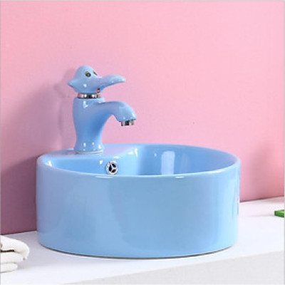 Bộ chậu rửa tay trẻ em hình tròn, kèm vòi lavabo hình con voi, màu xanh dương