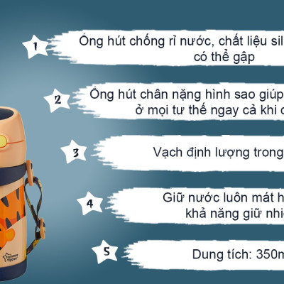 Bình uống nước Inox giữ nhiệt có ống hút và quai treo cho bé Tommee Tippee 350ml từ 18 tháng