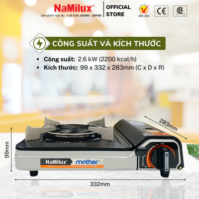 Bếp Gas Du Lịch (Bếp Gas Mini) NaMilux Mother│Van An Toàn Inline Cut│Công Suất 2.6 Kw (2.200 kcal/giờ) - Hàng Chính Hãng