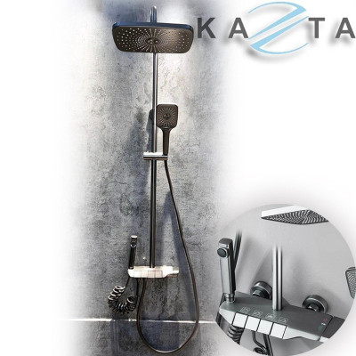 COMBO Thiết Bị Nhà Tắm Cao Cấp KAZTA KZ-CBT16X: Bồn cầu xám viền vàng, Sen tắm đứng phím đàn, Gương đèn, Lavabo âm bàn đá 2 tầng và phụ kiện khác