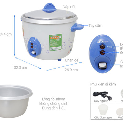 Nồi cơm nắp rời Sharp 1.8 lít KSH-D19V , Công suất 700W - Giao màu ngẫu nhiên - Hàng chính hãng
