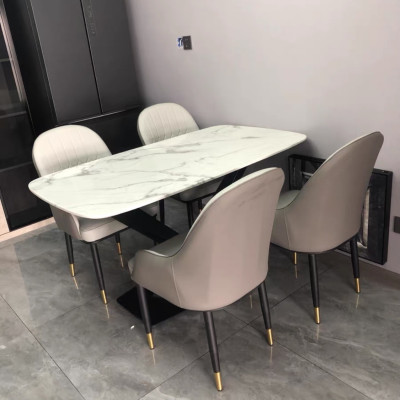 Bộ bàn ăn mặt đá cẩm thạch chân chéo chữ X kết hợp ghế Monet có tay