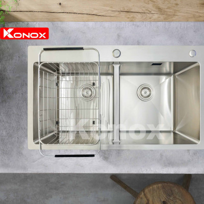 Chậu rửa bát Konox, Overmount Series, Model KN8248DOB , Inox 304AISI tiêu chuẩn châu Âu, 820x480x228(mm), Hàng chính hãng