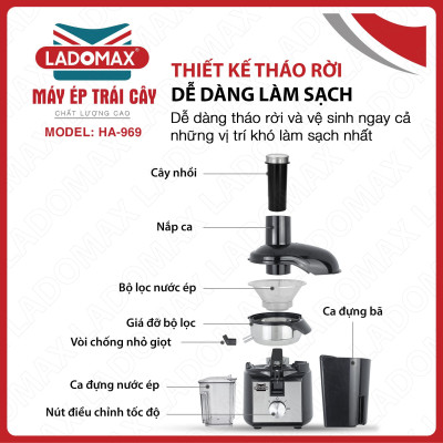 Máy ép trái cây công nghiệp công suất lớn 1860W Ladomax HA-969 nắp kháng vỡ, vòi xoay 2 chiều chống rỉ, ép kiệt bã, có linh kiện thay, chuyên dùng kinh doanh nước ép-Hàng chính hãng