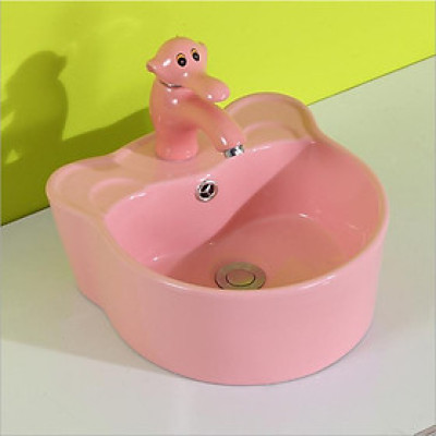 Bộ chậu rửa tay trẻ em hình tai gấu, kèm vòi lavabo hình con voi, màu hồng