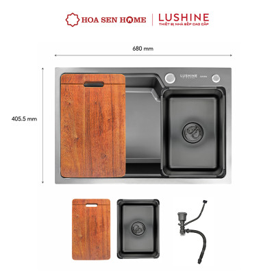 Bộ chậu rửa chén INOX 304 LUSHINE D003 công nghệ tạo hình thủ công, bề mặt Nano đen sang trọng, chống xước bền bỉ - Hoa Sen Home - Hàng chính hãng