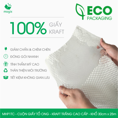 MHP1TC - 30cm x 25m - Cuộn giấy tổ ong chống sốc - Kraft trắng Cao Cấp - Giấy gói hàng, gói quà