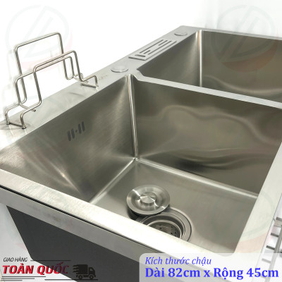 COMBO Chậu Rửa Chén Bát 2 Hộc Đa Năng Dài 82cm x Rộng 45cm Có Chân Cao 81cm - Chậu có khay dao, thớt tiện lợi