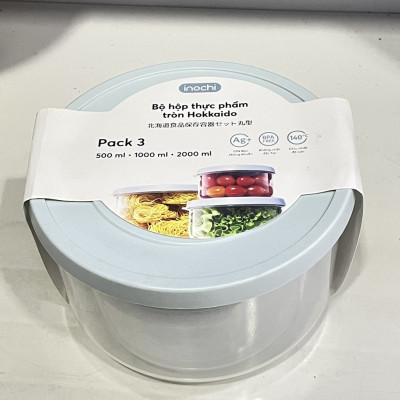 Bộ 3 hộp thực phẩm tròn Hokkaido 500-1000-2000ml (Tặng kèm Sticker)- chính hãng INOCHI an toàn tiêu chuẩn Nhật Bản